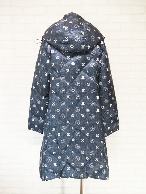☆美品☆LEONARD SPORTレオナール/フード付総柄ダウンコート：40/紺系xe286