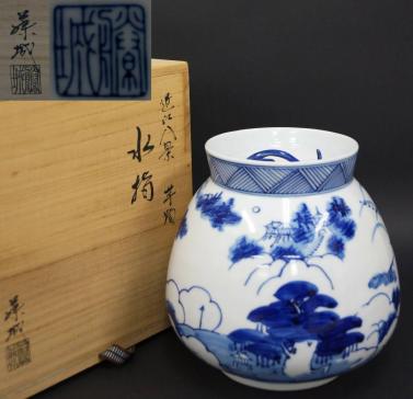 閑寂堂】蔵出時代 加藤藤城作 染付『近江八景』芋頭水指 共箱 茶道具