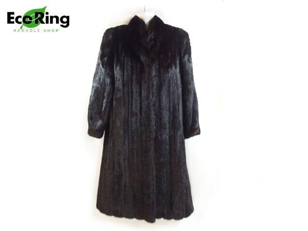 1円 美品 ミンク 毛皮ファー ロングコート 11号 黒 ET841 美品ファー