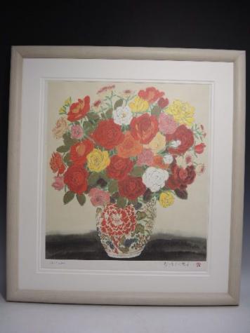 637/▽+青木乃里子 『薔薇』241/250 4786 ジクレー 版画 絵画 額装