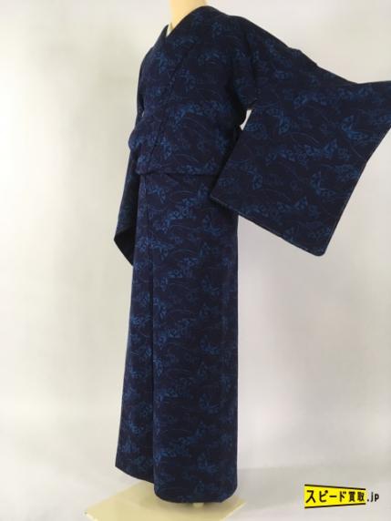 スピ買□ 着物 1円 逸品 美品 結城紬 藍色 蝶 草花 藍染め 証紙有 正絹 