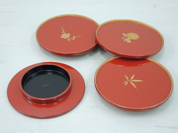 1804-0590●宝市/中古/作家物/輪島塗/梅/竹他/銘々皿/5枚組/共箱付