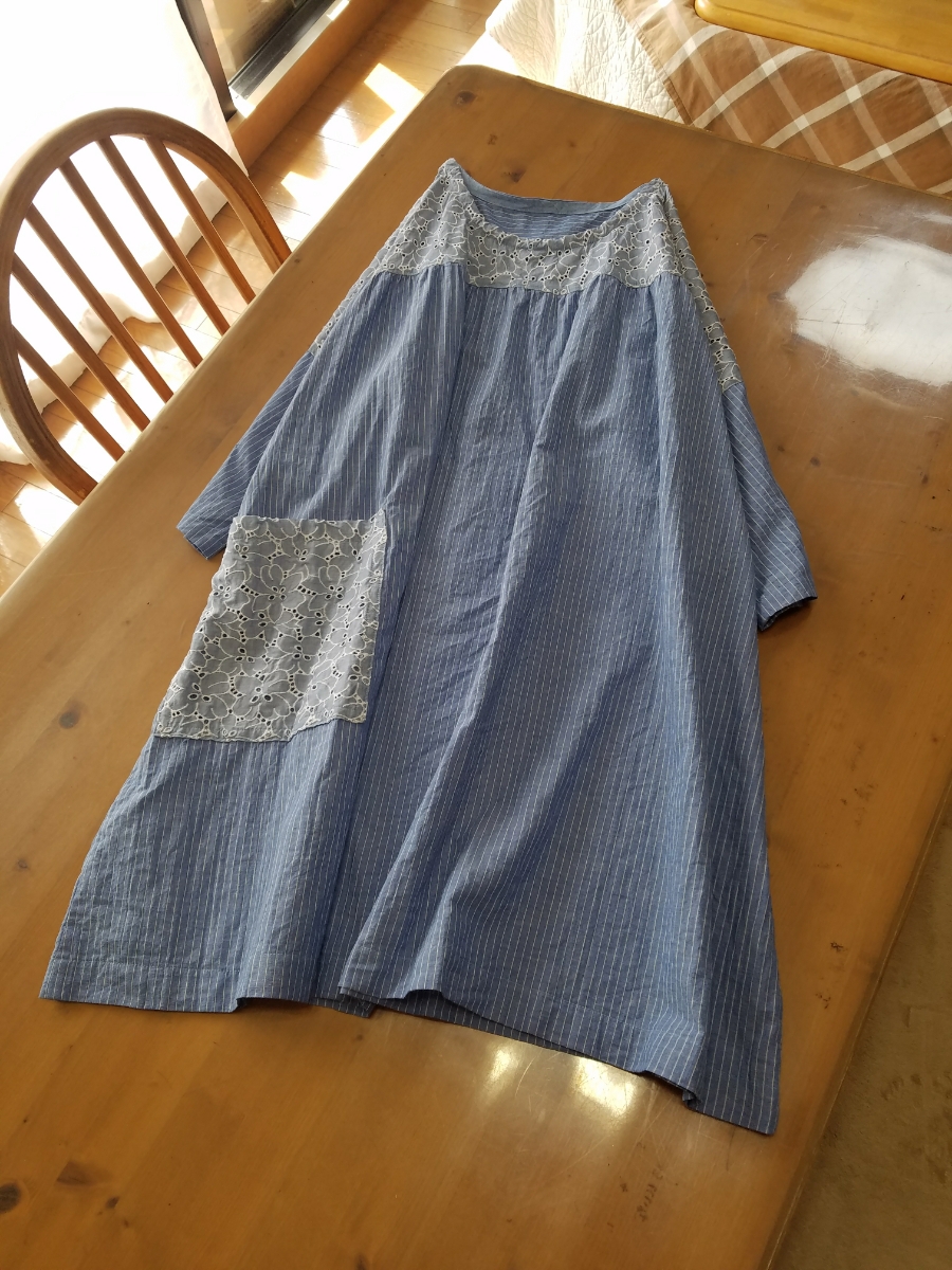 ハンドメイド::花刺繍×ストライプ*チュニック丈op イベントセール レディース 大人 ブラック リネン 綿