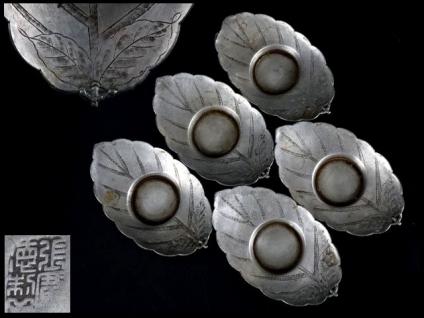 香】時代煎茶道具 唐物 古錫 葉形 茶托 葉脈彫金 張廣徳製 在銘 工芸品