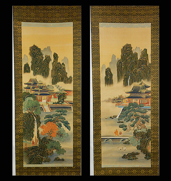 谷文晁 谷文晁筆 青緑山水 絹本肉筆 掛軸 山水画 メルカリ 真作○谷 