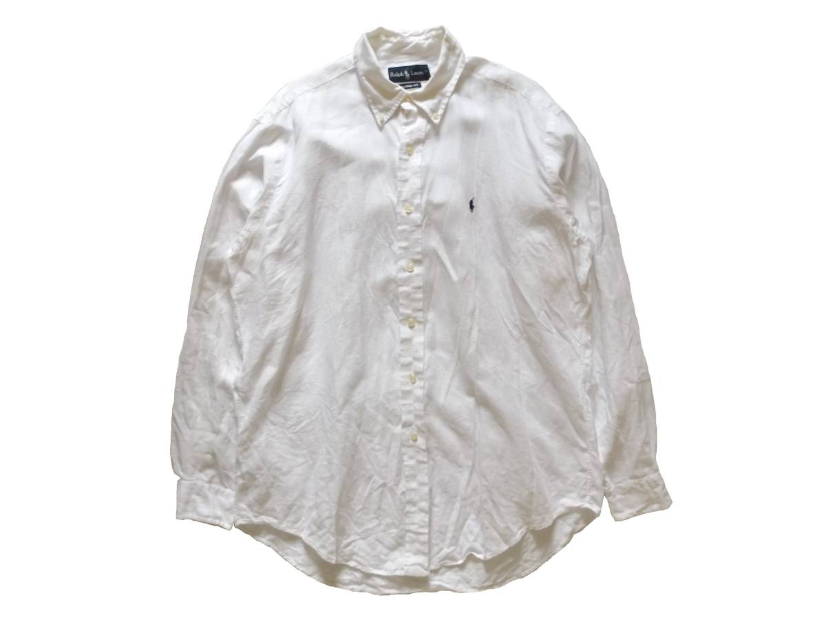 RALPH LAUREN】 ラルフローレン 長袖リネンボタンダウンシャツ 白 M