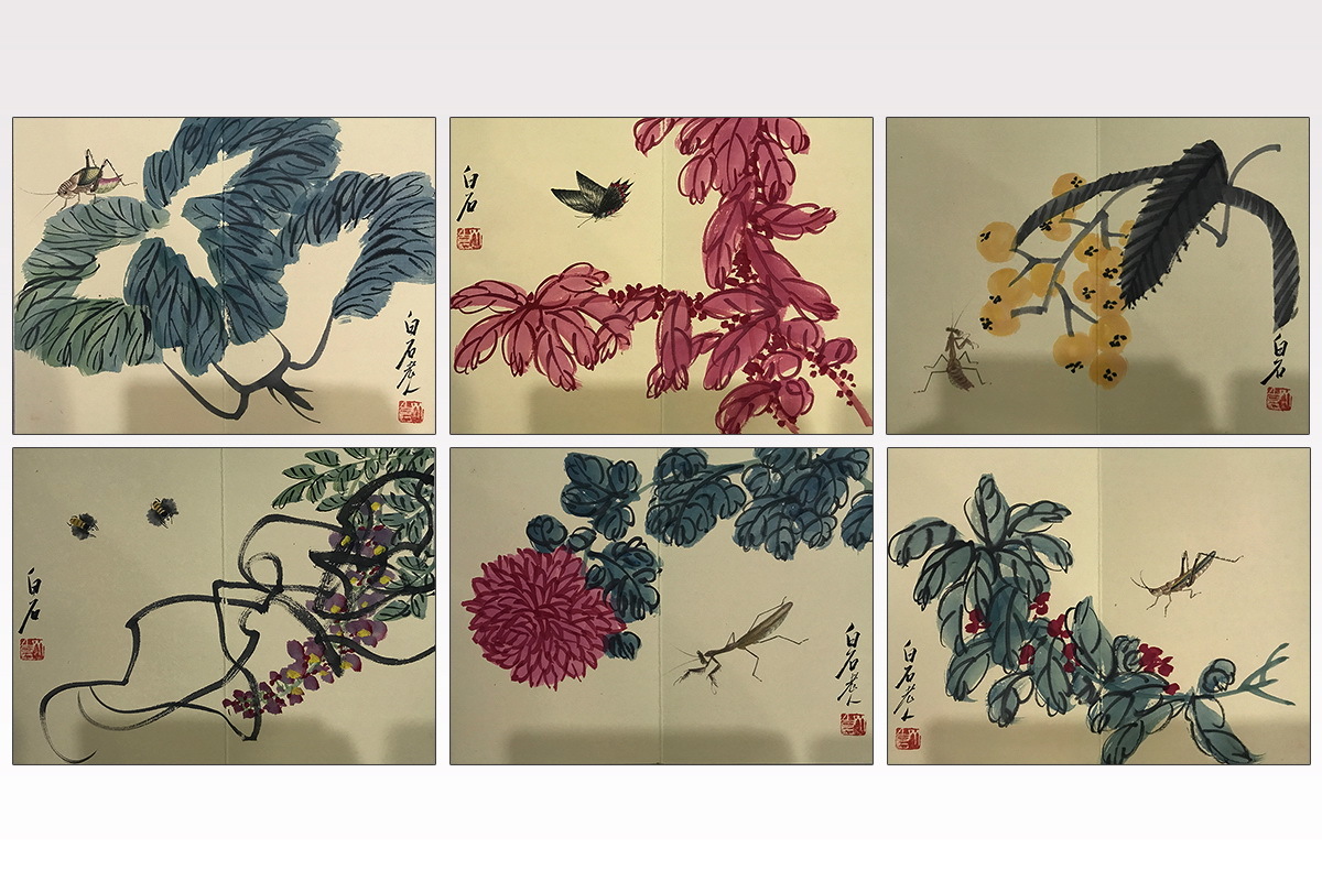 ≪冊け頁≫「紙本　虫草図　斉白石」中国近代山水画家　肉筆直書　時代保証　#701