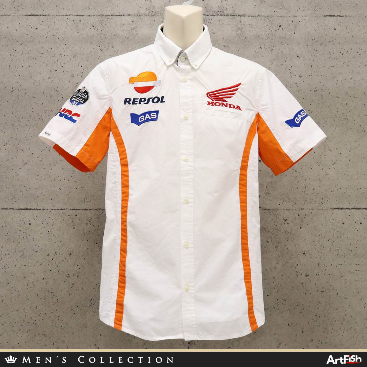 1円 本物 GAS HONDA ホンダ Lサイズ コットン クロス REPSOL 刺繍 ワッペン 白×オレンジ ボタンダウン半袖ボーリング風 シャツr119*L新品