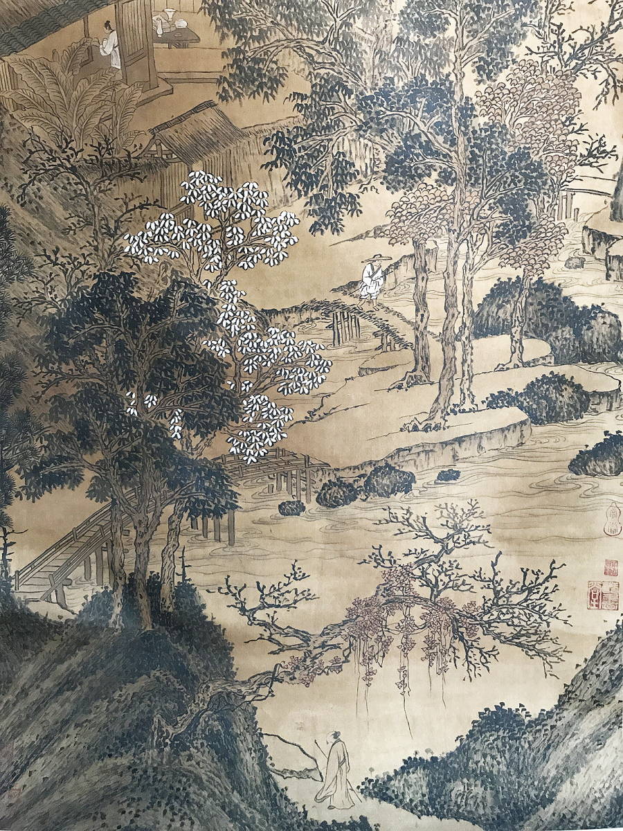 中国画 颜伯龙 石榴鶏図 四尺中堂 掛け軸／防偽仕様 中国画 颜伯龙