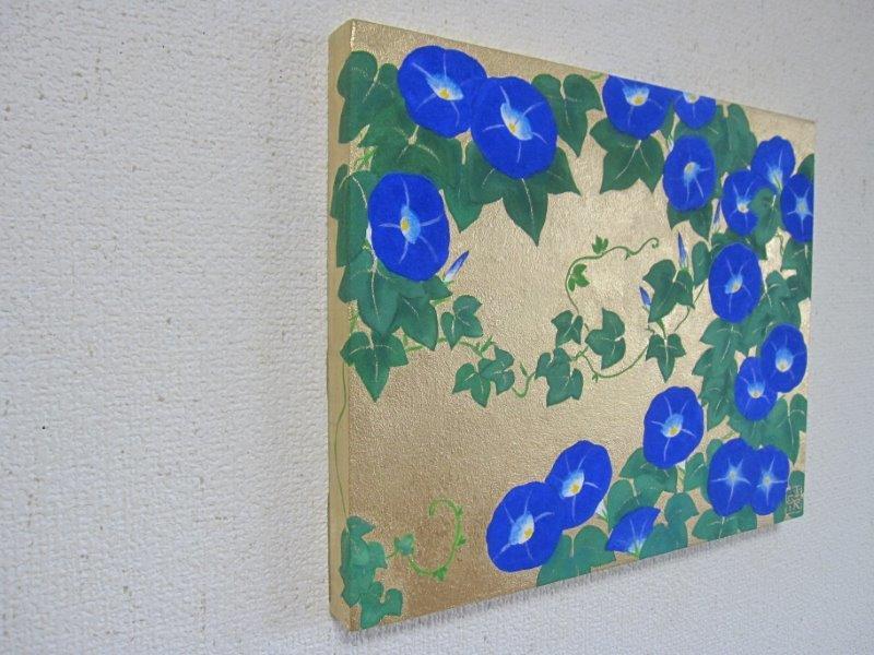 日本画「朝顔」3号 あさがお 夏の花 金箔、岩絵の具 肉筆画