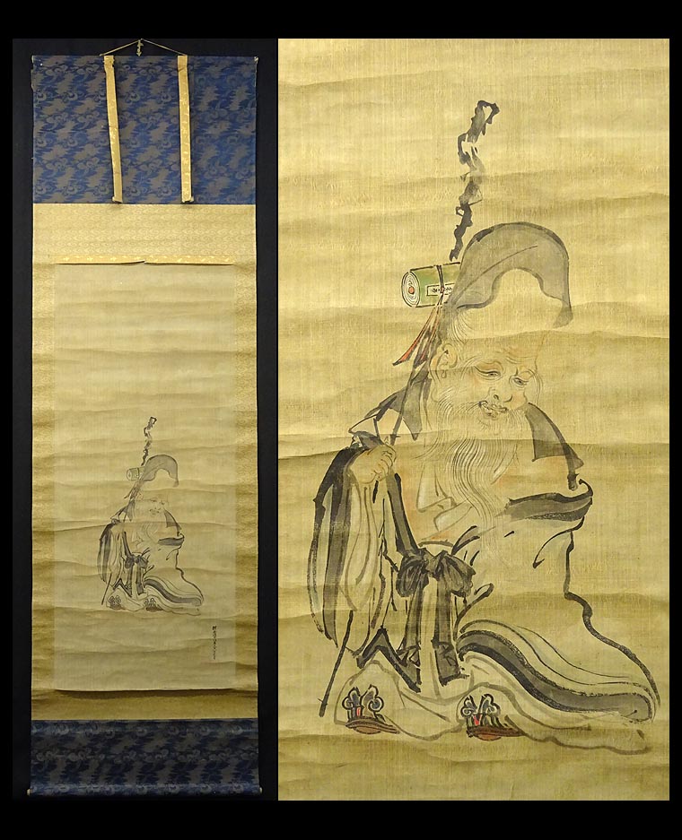 模写】緑屋□k2*g 掛軸*狩野探幽『人物 寿老人図 古画』絹本*掛け軸