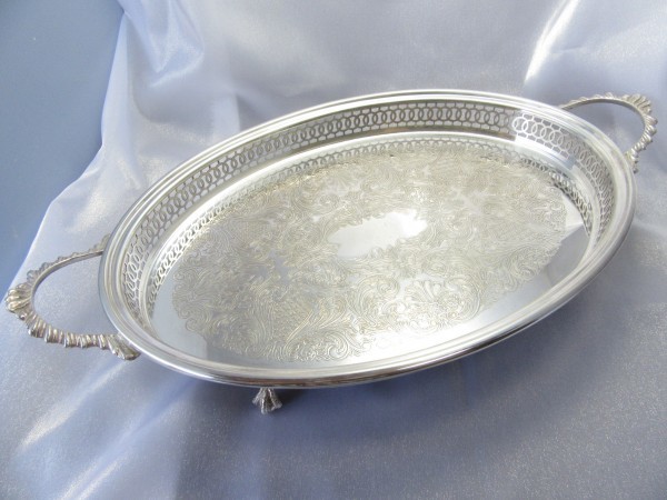 英国】 ギャラリートレー 47cm 【シルバープレート】大型オーバル 工芸