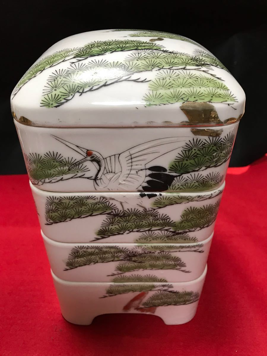 昭和レトロ 陶器の重箱 鶴 松 食器 鶴松文様 三段段重 0016 骨董 鶴の 