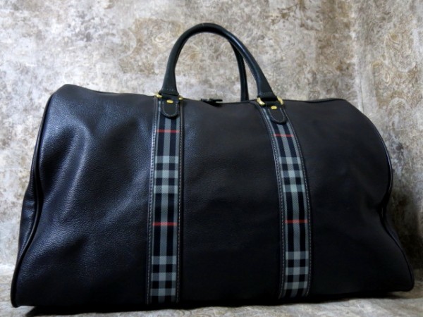 ■BURBERRY バーバリー■メンズ ノバ チェック■PVC レザー■トラベル ボストン バッグ■紺 ネイビー■旅行かばん 大容量 正規品 美品■