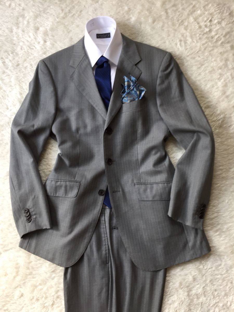 ★極上シルク混★ポールスミス【Paul Smith LONDON】ライトグレー 裏地シルバー ピンヘッドストライプ 背抜き 3釦 シングルスーツ