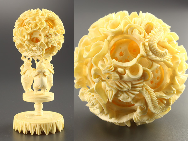 中国　置物　中国美術　天然素材　天球 流】古美術品 本象牙彫刻品 天球置物 中国美術 IX707 【公式通販】