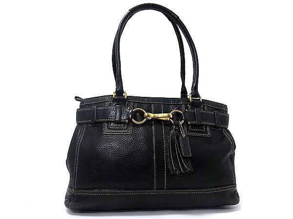 1円 COACH コーチ 10213 ラージキャリーオール レザー ステッチ タッセル トートバッグ ショルダーバッグ ブラック Q880TO