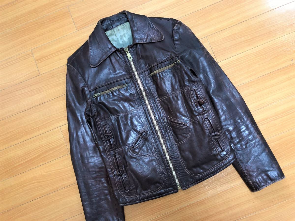 70s イーストウエスト? METRO レザージャケット シボ革 size34相当 ビンテージ EAST WEST メトロ 1970年代 ヒッピー ライダース 