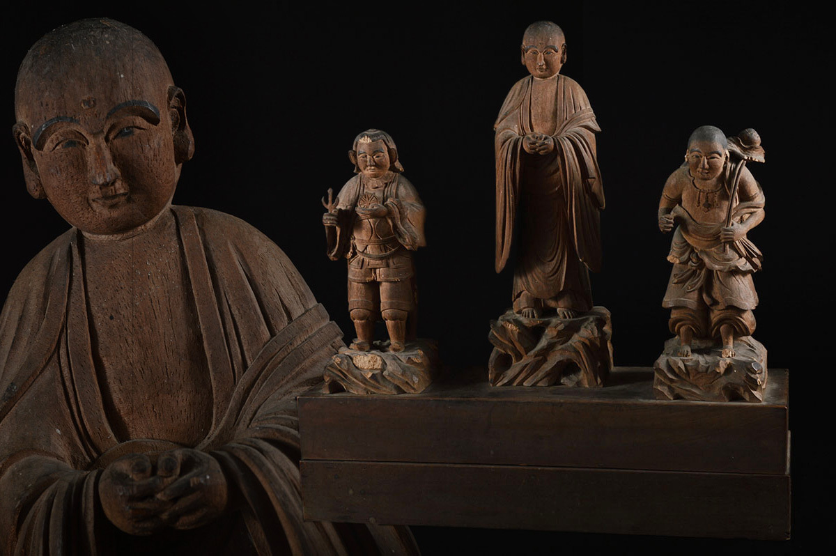【雲】仏教美術 時代 木彫仏像3体 古美術品(釈迦如来観音弥勒旧家蔵出し)B3813W dB82kf