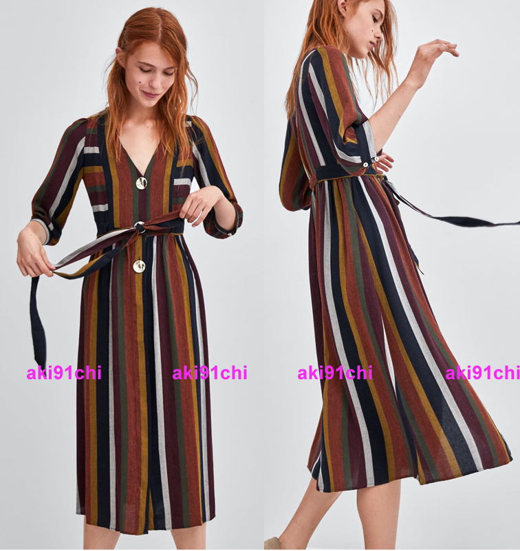 18aw Zara ザラ ボタン付き ストライプ柄ワンピース ウエストリボン ミモレ丈ドレス L 今季 ワンピース 売買されたオークション情報 Yahooの商品情報をアーカイブ公開 オークファン Aucfan Com