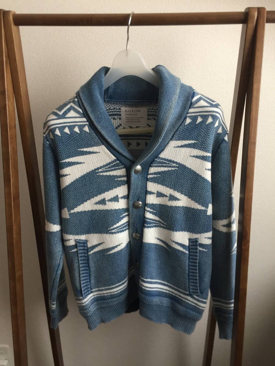 未使用 BAYFLOW ベイフロー ショールカラー ネイティブ インディゴ カーディガン サイズ2 BAYFLOW(ベイフロー) &frasl; BAYFLOW ショールカラーカーディガン ブルー S