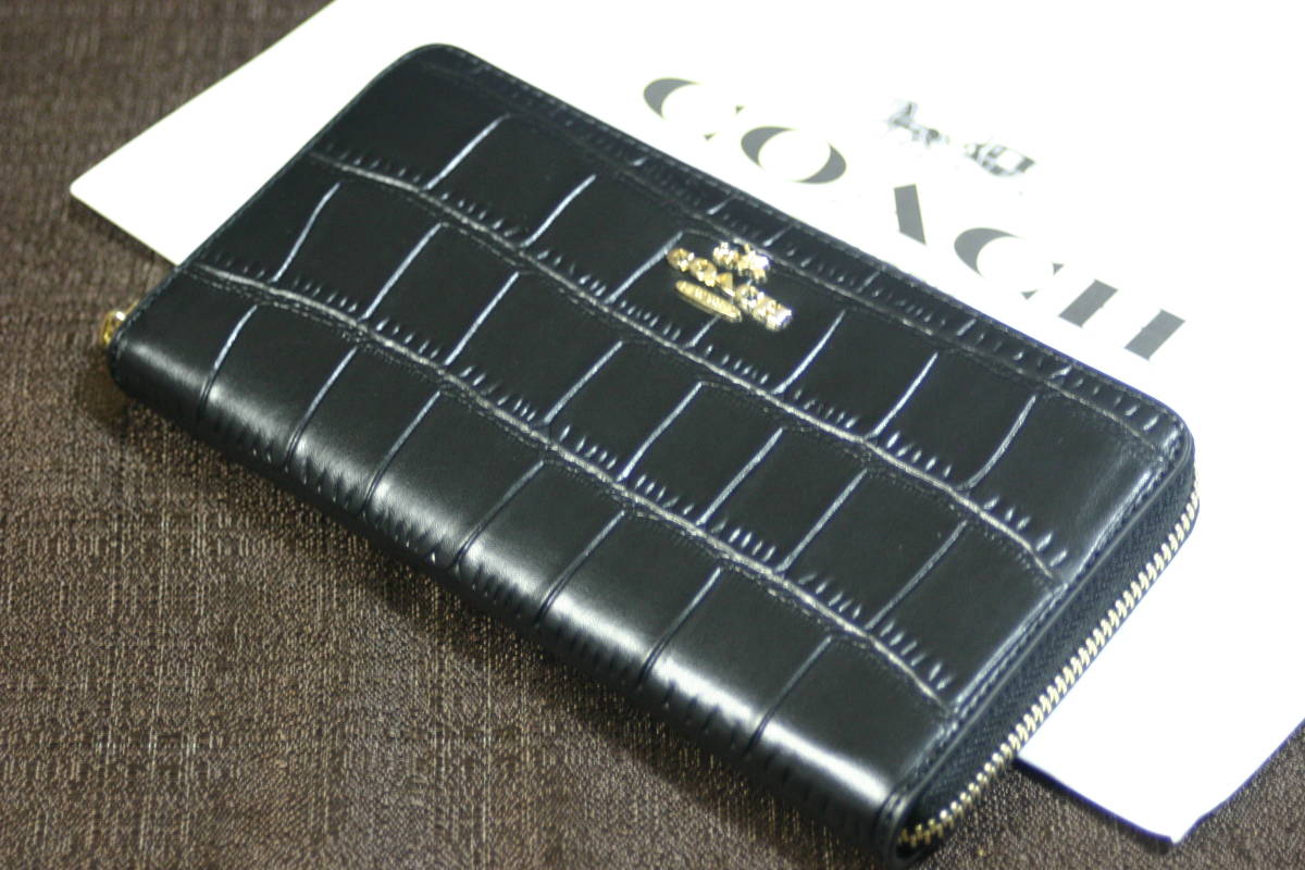 新品　コーチ　COACH　ラウンドファスナー 長財布【正規品】アウトレット　ブラック クロコ調レザー　 F53836