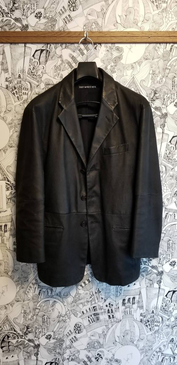希少ISSEY 牛革 ジャケット 黒 ISSEYMIYAKE MIYAKE MEN レザー