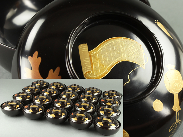 【流】茶懐石道具 時代黒塗蒔絵煮物椀二十客 箱付 CE836