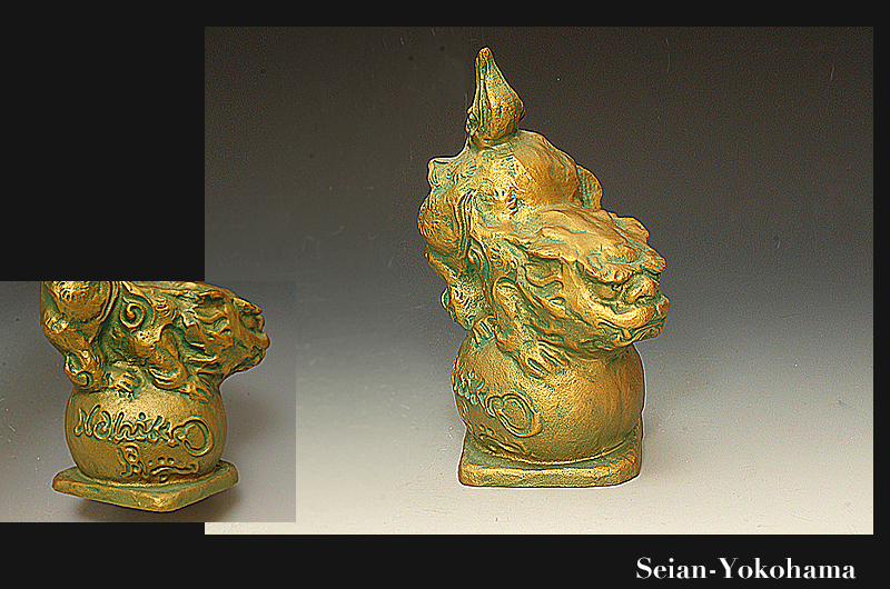 貴重作品 月形那比古 金彩玉乗獅子 置物 ブロンズ製