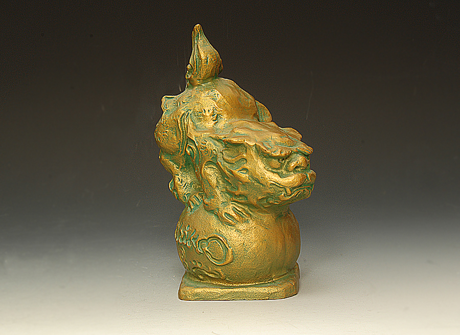 貴重作品 月形那比古 金彩玉乗獅子 置物 ブロンズ製