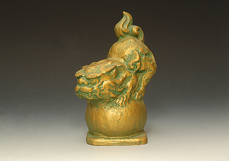 貴重作品 月形那比古 金彩玉乗獅子 置物 ブロンズ製