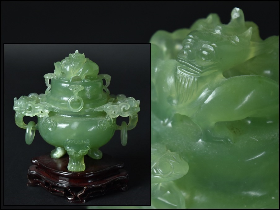 中国美術 砡石製 獅子摘遊鐶耳付香炉 台付 細密彫刻 翡翠玉石 古玩 唐物