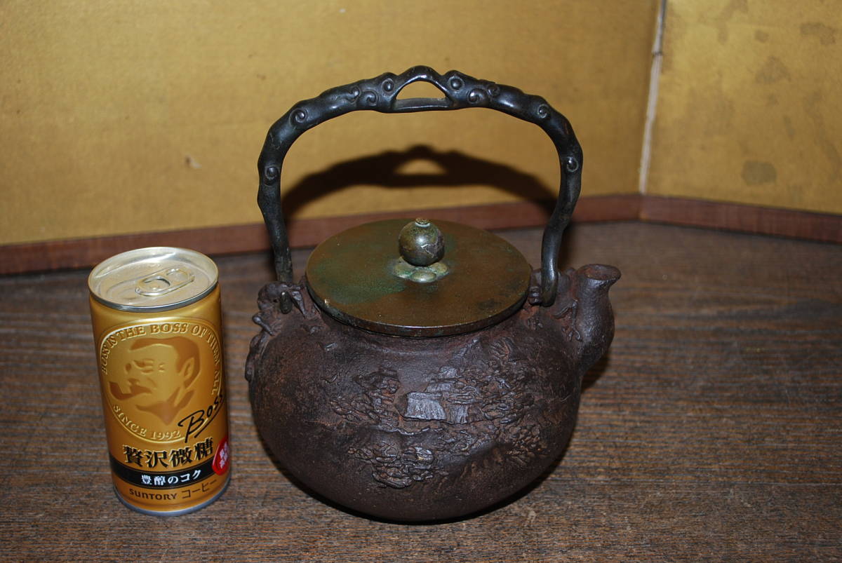 夢工房】時代 注連縄 紋様 廣口 鉄瓶 蓋裏花押 煎茶道具 BA-456