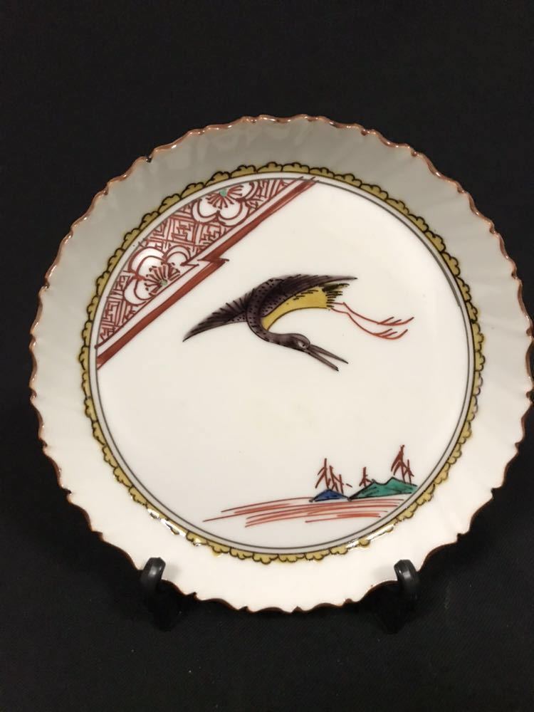 九谷焼　古九谷　鶴　手描き　銘々皿　骨董　新品　５枚　① 九谷焼 古九谷 鶴 手描き 銘々皿 骨董 新品 5枚 ① 【公式通販】