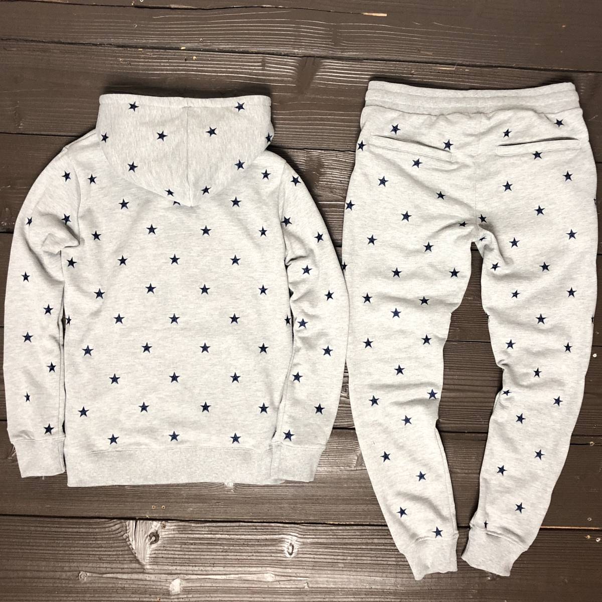 NBA公式 ロゴ刺繍 スウェット レディース 綿100 送料無料・メール便 N163-164■新品1円~☆刺繍スター総柄 スウェット セットアップ灰M パンツ&パーカー 星柄 ユニセックスOK スウェット 伸縮 サーフ 切替