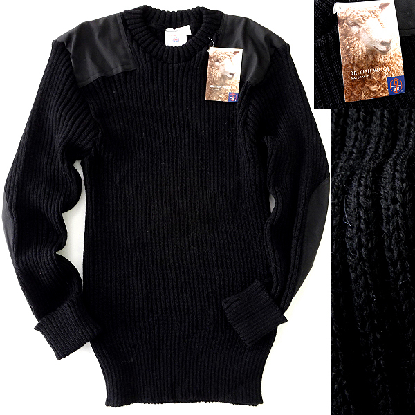 新品 ウーリープーリー 英国製 ツイルパッチ コマンドセーター L 黒 【I42218】 WOOLLY PULLY ケンプトン シェットランドウール メンズ