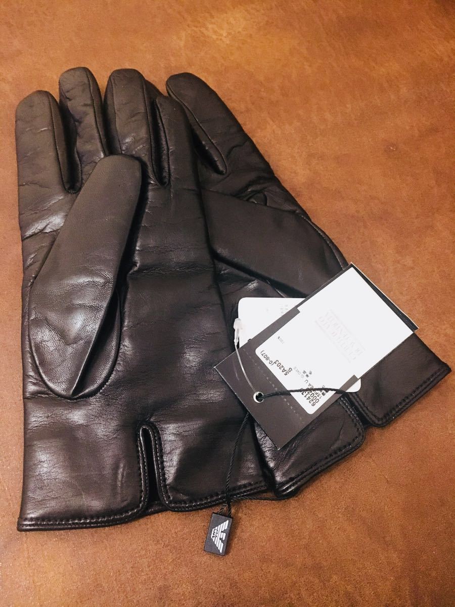 《新品》 タグ付き EMPORIO ARMANI レザー グローブ ネイビー 手袋 黒 S サイズ エンポリオ アルマーニ