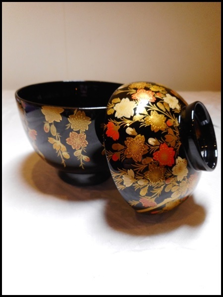 吸物椀 輪島塗 共箱 10客 流能登輪島塗 - 黒塗蒔絵 十人揃