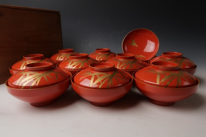 得価，高品質 遅日亭 時代 輪島塗 金蒔絵 竹雀図 木製 朱塗 吸物椀 10客 明治時代 z2962H(椀)｜売買されたオークション情報、yahooの商品情報をアーカイブ公開 - オークファン 椀