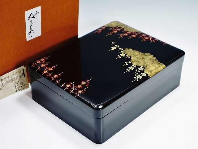S12853【会津漆器 白木屋漆器店】蒔絵 梅文 文庫 文箱 共箱 漆芸