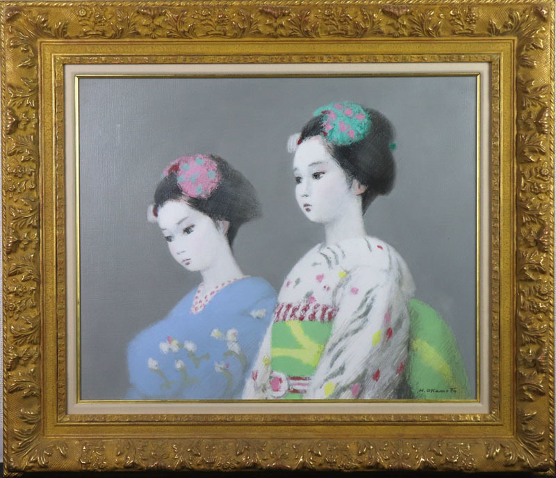 花*歳様 岡本半三　油彩画　「走る舟」F20 ◇岡本半三◇舞妓ふたり◇油彩◇F15号◇独自のフォーブ調で描く