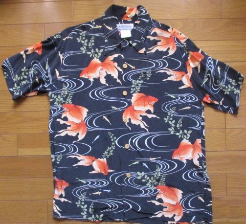 MAKANALEI ハワイ アロハシャツ 金魚柄 黒 シルク100% マカナレイ