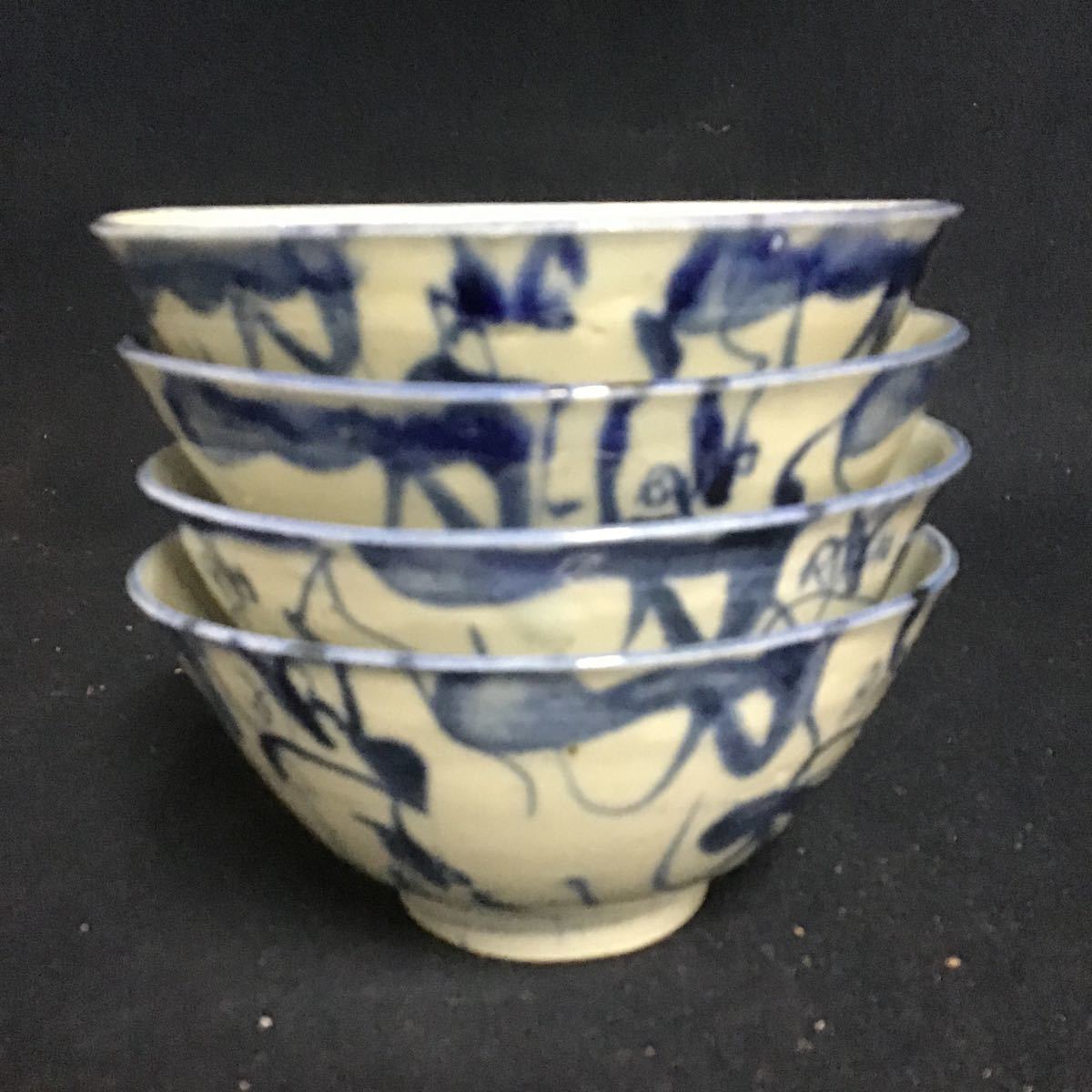 景徳鎮窯 古染付 景徳古窯 古陶 中国美術 古玩 茶碗 四客 無傷 
