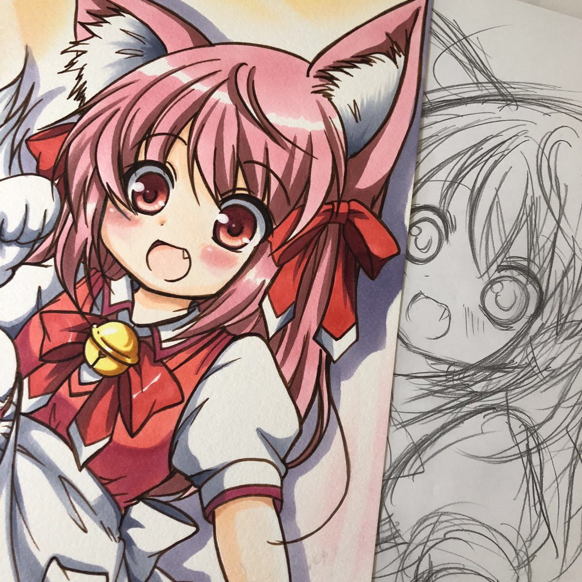 m*o様 【手描きイラスト 242】オリジナル原画色紙 猫イラスト「猫耳