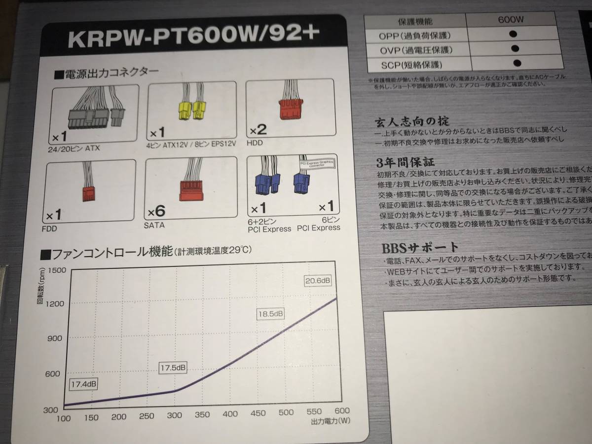 玄人志向 600W 電源 ATX プラチナ KRPW-PT600W/92+ 80PLUS PLATINUM 美品　程度極上_6