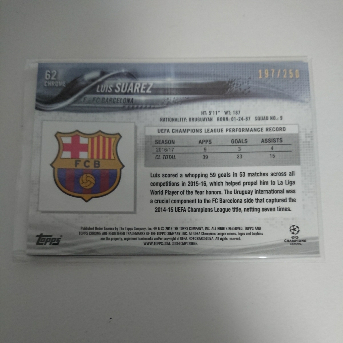 2017-18 Topps Chrome UEFA Champions League Base Purple Luis Suarez FC Barcelona 250枚限定シリアルカード_2
