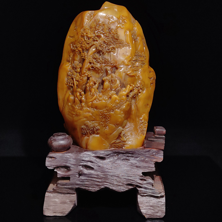 中国古美術 清時代 古寿山田黄石彫り 授意七賢図 山水人物物語