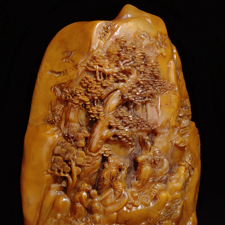 中国古美術 清時代 古寿山田黄石彫り 授意七賢図 山水人物物語 擺件