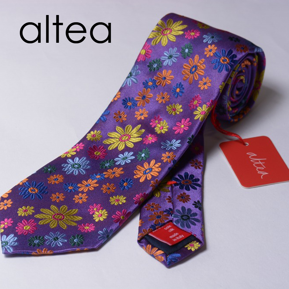 新品 altea ネクタイ メンズ シルク 100％ パープル 紫 花柄 フラワー デイジーイタリア製 アルテア 292592