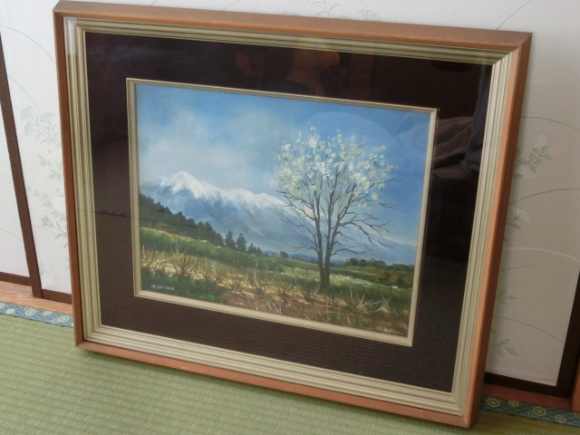 ●F6 山田茉莉 肉筆　 こぶし咲く八ヶ岳 高原 額入●風景画